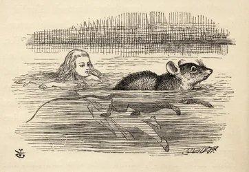 Alicia nadando con un ratón en el charco de lágrimas, de «Las aventuras de Alicia en el país de las maravillas» de Lewis Carroll, publicado en 1891